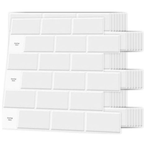 Lot de 10 Pièces,Credence Adhesive pour Cuisine,Carrelage Autocollant Métro Blanc,Papier Adhesif en Vinyle 3d Brique,30x30cm (1/5)