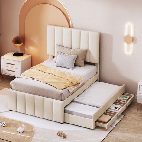 Cama tapizada de lino beige 90x200 cm con cama nido, 3 cajones y somier de láminas (1/5)