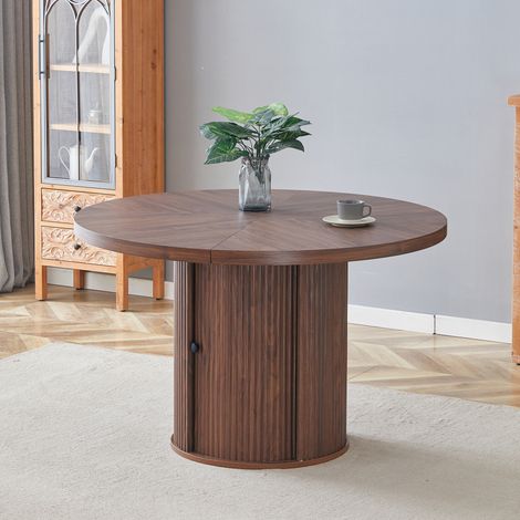Table ronde avec rangement intégré 115cm, effet bois, piètement avec armoire, pour 4 à 6 personnes, design scandinave moderne, rangement discret et pratique sous le plateau (1/5)