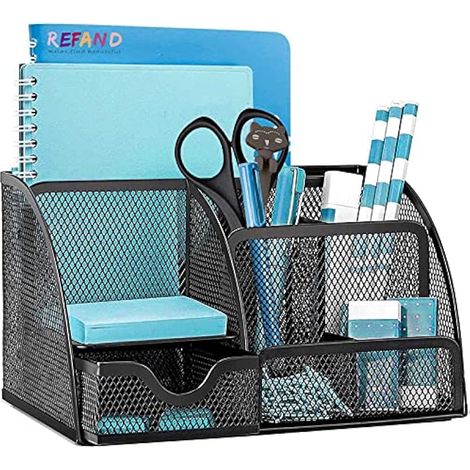 Organiseur de bureau multifonction en maille avec 6 compartiments et 1 tiroir pour bureau, maison, école, salle de classe (1/5)