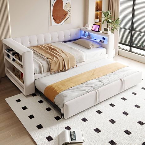 Canapé-lit 90x190 cm beige avec LED, prises intégrées et rangements, convertible 180x190 cm, sans matelas (1/5)