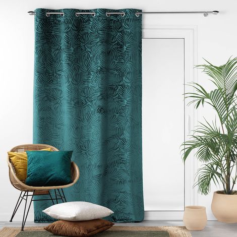 Douceur D'Intérieur – Rideau occultant 140 x 240 cm en velours relief bleu pétrole – Oeillets raffinés pour décoration intérieure – Lavable à 30° (1/4)
