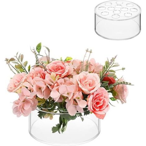 Vase rond en acrylique transparent 12 trous pour fête de mariage, centre de table à manger, centre de table floral cylindrique pour table à manger, support de fleurs bas avec trous pour la maison (1/4)