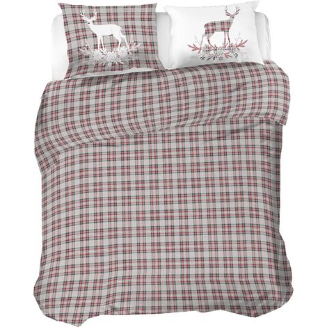 Parure de lit Double en Flanelle 100% Coton, Housse de Couette 250 x 200 cm et taie d'oreiller 52 x 82 cm, Lavable en Machine à 40 degrés, Motif cerf Rouge (1/5)