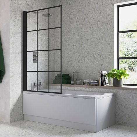 Signature Single Straight Square Black Framed Bath Screen 1400mm H x 800mm W - 6mm Glass (1/2)