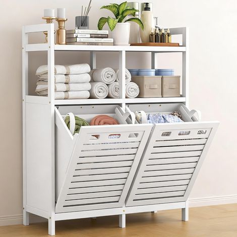 VASMIA Armoire de Salle de Bain avec Panier à Linge, Bambou Meuble de Salle de Bain, avec 2 étagères, avec Paniers à Linge Amovibles (238 L), pour Salle de Bain, Chambre à Coucher, Buanderie, Blanc (1/5)