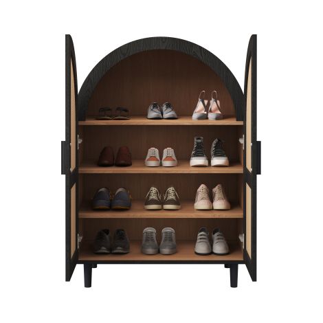 Élégant buffet/meuble à chaussures aux angles arrondis — Doté de portes aérées en rotin tressé et de trois étagères de rangement intérieures.