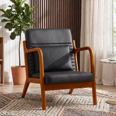 Fauteuil de Salon Style Mid-Century, Chaise d'Appoint Relaxation avec Cadre en Bois Massif, Assise Rembourrée en Cuir Synthétique pour Salon, Chambre, Bureau, 76 × 72 × 61 cm, Noir (1/5)