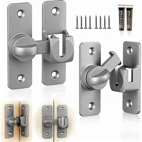 Sliding Door Latch, 2 Pairs 90/180 Degrees, Aluminium Alloy Interior Door Latch, Black Door Lock, with Screws and Adhesive, for Bedroom and Bathroom (1/5)