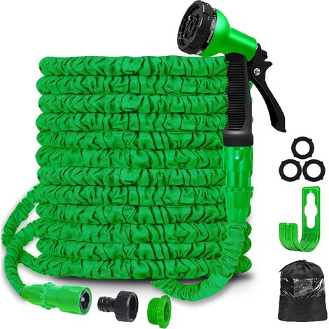 Tuyau d'arrosage extensible de 30 m (100 pi), flexible et extensible, avec raccords de 19 mm (3/4 po) et 13 mm (1/2 po), et buse à 7 jets. (1/5)