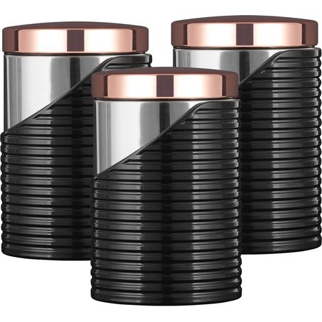 Tower T826001RB Linear Set of 3 Storage Canisters, Stainless Steel, Black and Rose Gold , 11.6 x 11.6 x 17 cm (1/4)