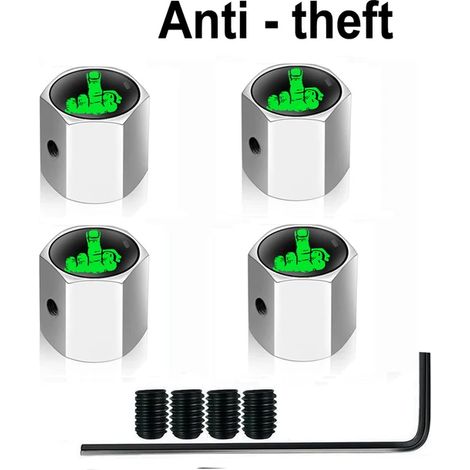 (Doigt - Vert argenté) 4 bouchons de valve antivol pour pneus de voitures, camions et motos. Bouchon de valve en forme de doigt central, joint anti-poussière et verrouillage étanche. (1/5)