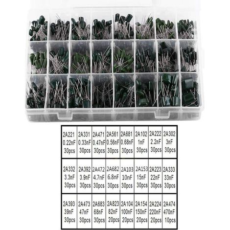 660 Stück Kondensatoren (24 Werte, 100 V, 0,22 nF bis 470 nF), Kondensator-Set, Kapazität (1/4)