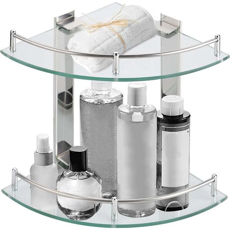 Holdfiturn Bathroom Corner Shelves 2-Tier Glass Bathroom Corner Shelf 2 x 235mm (9.2" Approx) Glass Shelf Tempered Shower Caddy Storage Organiser Bathroom Shelf Wall Mounted