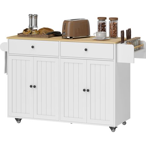 Îlot de cuisine roulant blanc MDF 2 tiroirs 2 placards coulissant porte-épices porte-serviettes porte-couteaux