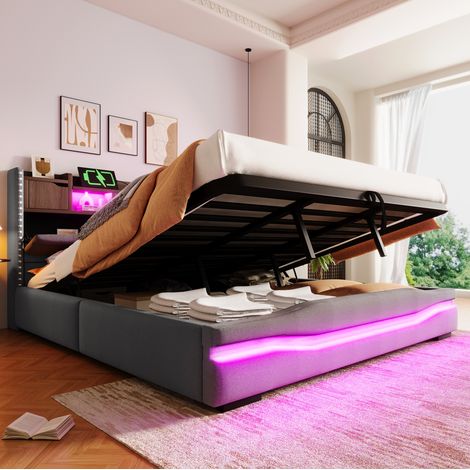 Cama con almacenamiento 180x200 cm con LED y puertos USB y Type-C, en lino gris, sin colchón (1/5)