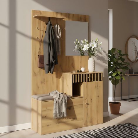 URBAN MEUBLE Vestiaire à l'entrée effet bois avec miroir, banc, porte-manteau et meuble de à chaussures 2 portes 1 tiroir (1/5)
