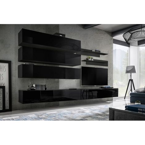 Ensemble mural - FLY J - 3 rangements - 2 meubles TV - 2 étagères - Noir - Livraison gratuite