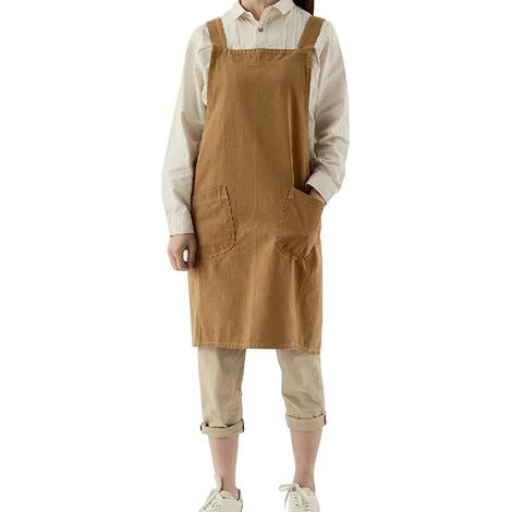 Tablier de jardinage Tablier japonais en coton et lin croisé pour femme avec poches, robe chasuble à la mode pour le jardinage, la peinture, le nettoyage, la cuisine - Jaune-02