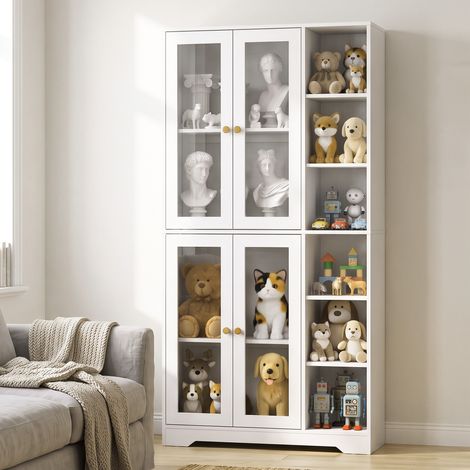 Buffet haut cuisine, vaisselier vitrine avec 4 portes à fermeture douce en verre trempé, 90x35x172cm, blanc (1/5)