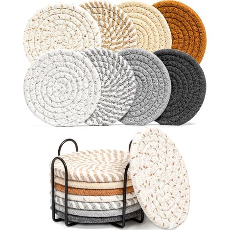 8 teiliges Set Untersetzer mit Halter Untersetzer saugfähige Untersetzer Untersetzer Set Getränkeuntersetzer rund Baumwolle 8 Farben Boho Stil Ge (1/5)