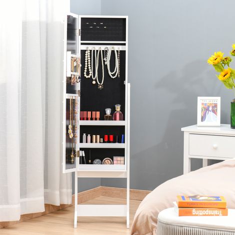 Armario joyero con espejo ajustable y luces LED, espejo joyero de madera, blanco cálido, 36x30x136 cm