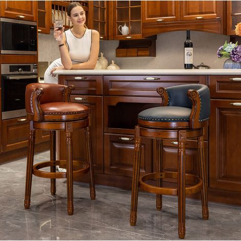 Silla de bar giratoria de 360°, con respaldo curvado, cuero auténtico y madera azul (1/5)
