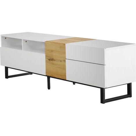Meuble TV moderne, aspect blanc et bois, 180 x 50 x 38 cm, design minimaliste (1/5)