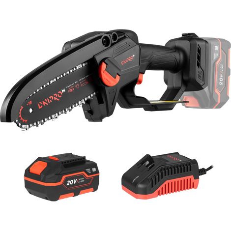 Dnipro-M Mini Motosierra a Batería 20V Sin Escobillas, Espada 15cm, Solo 1,4 kg, Poda con Una Mano - DMS-200BC + Batería 4.0Ah + Cargador