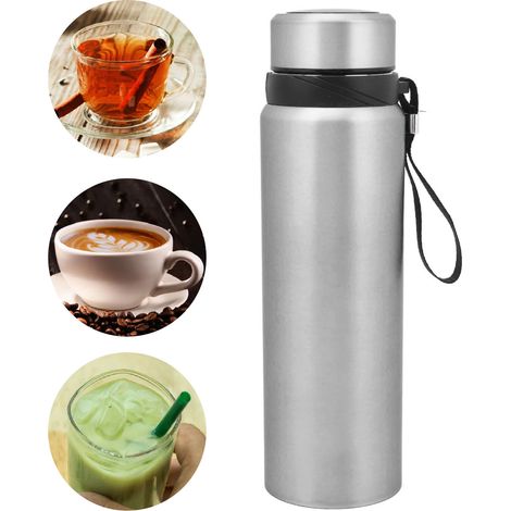 Bouteille d'eau isotherme élégante, de grande capacité et de style professionnel, avec sangle, simple et portable, idéale pour offrir en cadeau, tasses à thé, argentée, 1000 ml. (1/5)