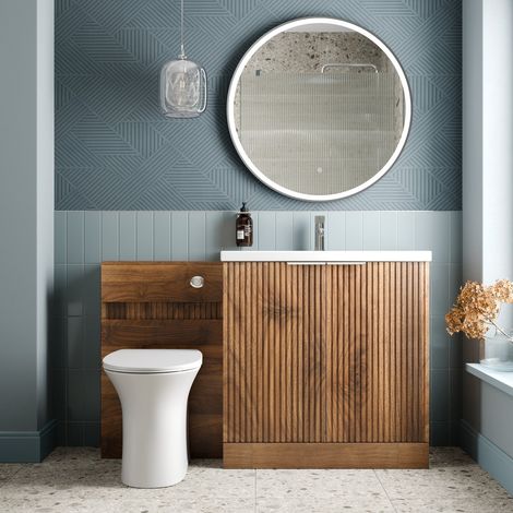 1300mm Fluted Bathroom Vanity Unit Set and Rennes Back-to-Wall Toilet Walnut (1/4)