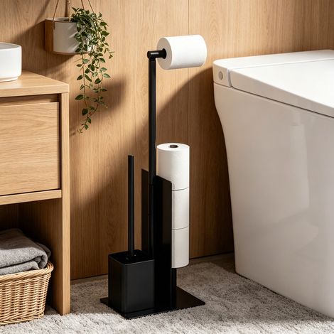 Toilet Roll Holder Freestanding, Stainless Steel Freestanding Toilet Paper Holder with Glass Baffle, Matte Black Toilet Roll Holder with Brush for Bathroom (1/4)