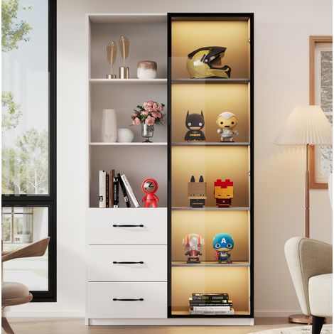 Vitrine LED 80x40x160 cm en panneaux de bois blanc, avec rangement pour salon FloraGrace (1/5)