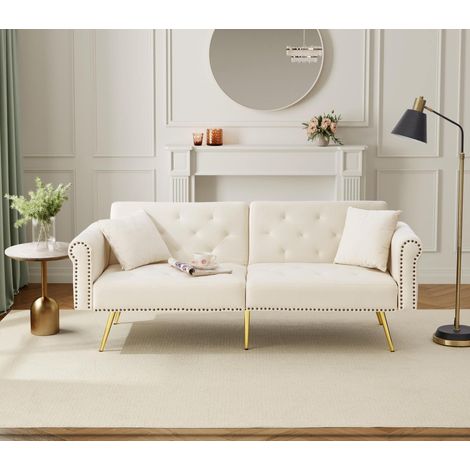Divano Letto d'Appoggio 147x85 cm in Velluto Beige, Schienale 3 Posizioni Indipendente, Piedi Metallo Dorato (1/5)