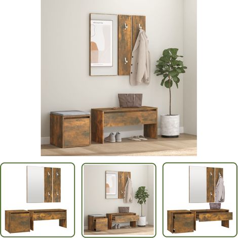 The Living Store Ensemble de meubles de couloir Chêne fumé Bois d'ingénierie - Banc Entrée - Meuble Couloir - Rangement Intérieur - Mobilier Salle D'entrée - Miroir Mural (1/5)
