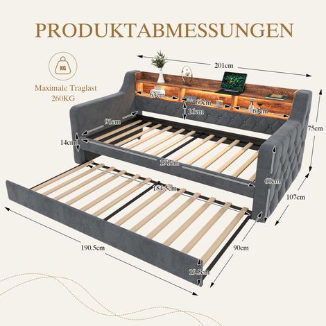 Canapé-lit velours 90×190cm gain de place,rangement,LED ambiante,USB-C,12 lattes et cadre métal robuste,pour chambre ado ou invité