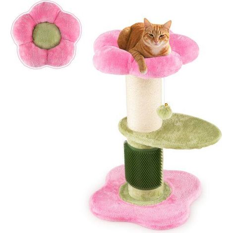 Flower Cat Tree with Padded Plush Perch and Sisal Scratching Post and Self Groomer-Pink (1/5)
