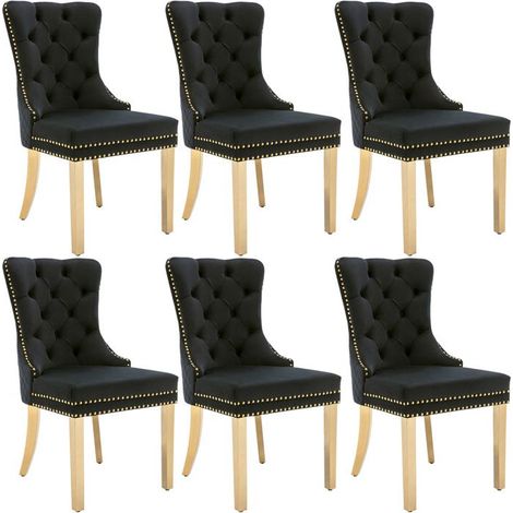 Lot de 6 chaises salle à manger velours noir, pieds métal doré réglables - 51×65.5×95 cm
