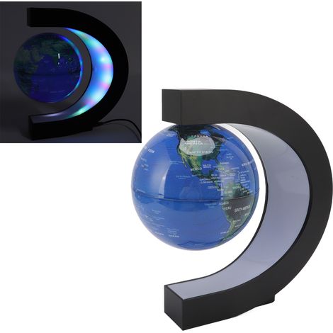 Magnetisch schwebender, dekorativer Globus, 15 cm, drehbar und beleuchtet, C-förmig, für den Schreibtisch. Englische Ausführung, 100–240 V, dunkelblau, europäischer Stecker. (1/5)