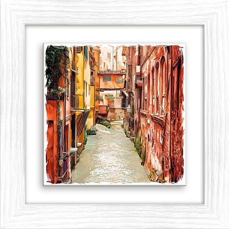Lupia - Quadro moderno con paesaggi e localismi italiani Ceramica e Stampa Rilievo Cornice Legno Shabby Modern bianca Decorazione Parete Quadretti Soggiorno 29x29 cm BOLOGNA CANALE NEL CENTRO STORICO (1/4)