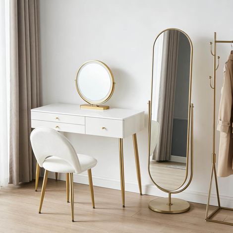 Tocador in MDF, metallo e PVC, bianco e oro, con specchio LED e sedia (1/5)