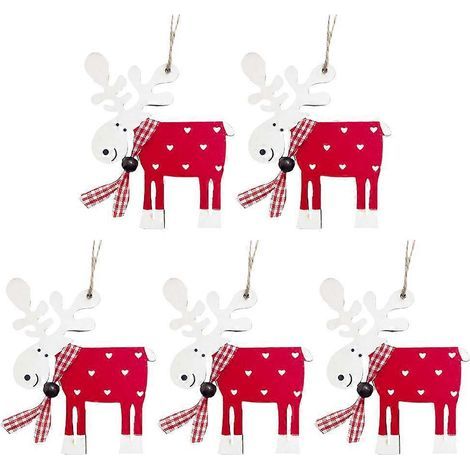 Set mit 5 bemalten Holz-Hirsch-Ornamenten für Weihnachtsbäume (rot), Dekorationen für Zuhause oder Weihnachtsfeiern. – 5 Stück – Rot (1/3)