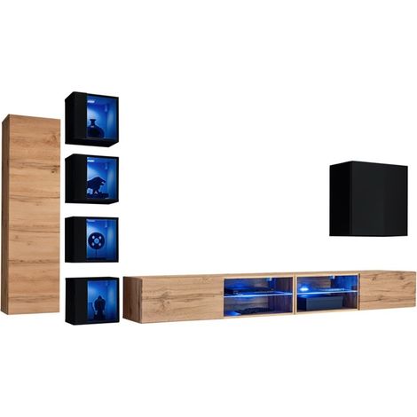 Conjunto de muebles de salón SWITCH XXVI – Roble y negro – LED integrados &amp sistema Push to Open
