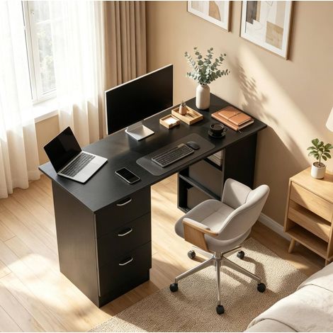 Bureau ordinateur MDF noir 120 x 49 x 72 cm avec tiroirs et étagères, REDOM (1/5)