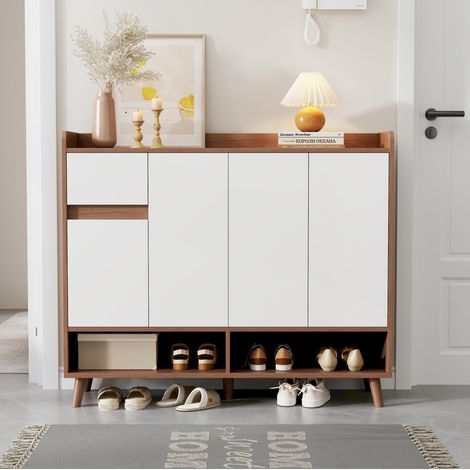 Aparador zapatero 120x35x99 cm blanco y natural en tablero de partículas con 4 puertas, 1 cajón y estante ajustable (1/5)