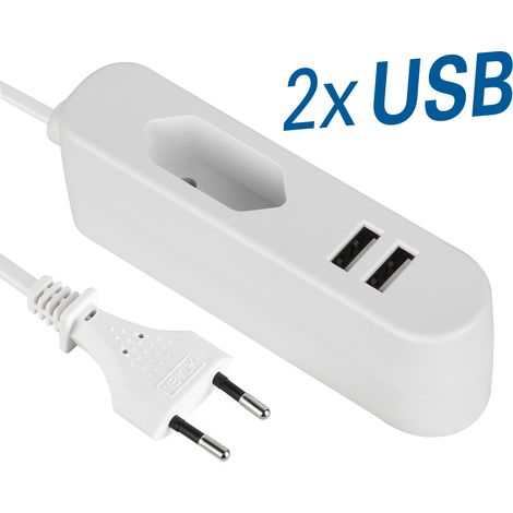 Euro-Verlängerungskabel cable mit 2x usb-Ladeanschlüssen usb: 2,4a gemeinsamer Ausgang, 1,4 m Kabel, weiß, ideal für unterwegs