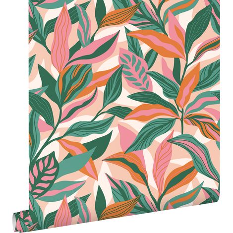 papier peint feuilles tropicales turquoise, rose et orange - ESTAhome (1/5)
