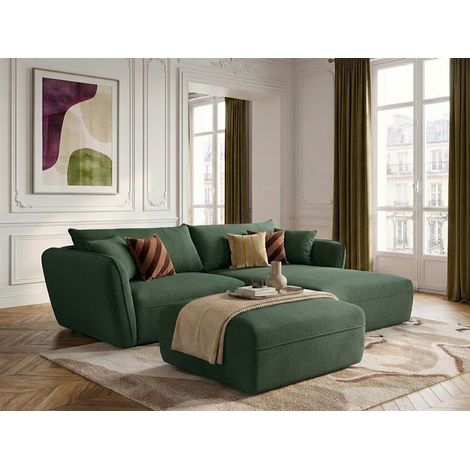 BOBOCHIC - Canapé d'angle fixe LUIGI tissu lisse avec pouf Angle droit  Vert (1/5)