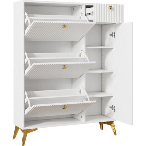 Meuble à chaussures à 3 abattants, 1 tiroir et 1 porte, range-chaussures étroit, meuble à chaussures blanc. Dimensions: H 121 cm / L 90 cm / P 25 cm (ancien SKU N657P19561518W)