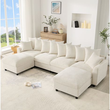 Divano angolare modulare a U/L 6 posti in ciniglia beige con USB Type-C e 2 pouf (1/5)
